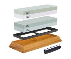 Tissues Abziehstein Schleifstein Set, 2-in-1 Wetzstein mit 400/1000 3000/8000 Körnung, Abziehstein für Messer inkl. Gummi-Steinhalter sowie Bambus Basis und Messer-Halter