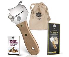 5☆ Trüffelhobel mit Premium Griff aus glänzendem Buchenholz. Inklusive Stofftasche, Rezept-E-Book und Bedienungsanleitung. Unser Schokoladenrasierer rasiert auch Käse und Gemüse. Verstellbare Klinge