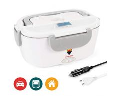 TRAVELISIMO Elektrische Lunchbox 2 in 1 für Auto/LKW und Büro 220V & 12V 40W, Speisenwärmer Warmhaltebox Edelstahl für Essen 1.5L, Löffel und 2 Fächer Enthalten