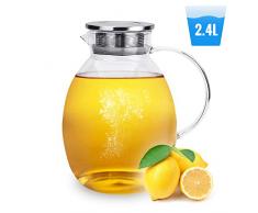 Florina Teekanne Glas Kaffeekanne Teekessel Glaskanne mit Deckel Spülmaschinenfest Mikrowellengeeignet Kühlschrank Durchsichtig Modern Krug GRAND 2,4 l