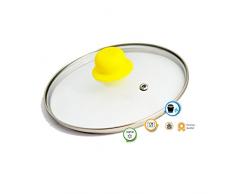 Kerafactum® - Gelber Topfdeckel Glasdeckel Glas Topf Deckel mit PC Griff, Ersatzdeckel und Pfannendeckel Edelstahlring und Entlüftungsloch Größe 14 cm