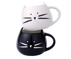 Tougo 2 Stück Kaffeetassen Kaffeebecher Set für Wasser/Tee/Milch/Kaffeeischer, Porzellan,Katze Design, 350ml, Hochzeit, Jubiläum und Weihnachten,Schwarz + weiß
