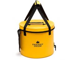 Zusammenklappbarer Falteimer Faltschüssel, Eimer für Camping, Reisen, Gartenarbeit, unterwegs - Falteimer Waschbecken Wasser Container Eimer, mit Deckel und Werkzeug Mesh Tasche - von The Friendly Swede (Gelb 10 Liter)