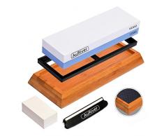 Schleifstein Wetzstein Set für Messer Stechbeitel, Abziehstein Messer mit Rutschfestem Silikonhalter und Sowie Bambus Basis und Messer Halter für Küchenmesser Gartengeräten Rasier und Schneidmessern