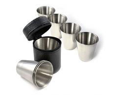 Shot-Gläser im 4er Set, Edelstahl Schnaps-Becher, Stamperle 60ml (GROß) im Leder-Etui mit Reißverschluss