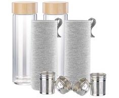 Cucina di Modena Glasflasche: 2er-Set doppelwandige Glas-Trinkflaschen mit Neopren-Hülle & Tee-Sieb (Isolier-Trinkflasche)