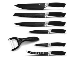KRONENKRAFT Multifunktions 7-teiliges Küchenmesser Set Messer-Set mit Fleischmesser, Brotmesser, Gemüsemesser, Obstmesser, Kochmesser, Sparschäler - rostfreies Set - leicht zu reinigen