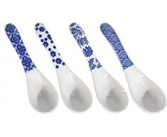 Excellent Houseware 4er Set Porzellan Löffel Japanisches Design in Weiß Blau als Vorspeisen Fingerfood Servier Löffel und chinesischer Suppenlöffel