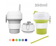 Schatzboot Faltbar Silikonbecher Klappbecher Faltender Kaffee Becher Faltbare Tasse Silikon Camping Reise Wandern Outdoor-Aktivitäten (Grau&Grün, 350ml)