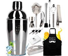 Cocktail Set Edelstahl Shaker Barkeeper Set mit 14 Teilen und Rezeptbuch eBook | 550ml Edelstahl Coktailshaker | Barset mit Halter für sämtliches Zubehör inkl. Schürze | Das ideale Geschenk