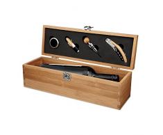 Weinbox aus Bambus mit 4 Weinaccessoires: Weinkragen, Weingießer, Kellnermesser, Flaschenverschluss