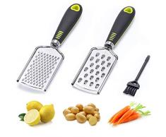 Bligo 2 Stück Zester Set - 2 Reibe Raspel aus Edelstahl mit 1 Reinigungsbürste, Feine Parmesanreibe & Grob Käsereibe, für Parmesan, Zitronen, Ingwer und Knoblauch, Schwarz