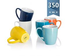 Sweese 611.002 Kaffeebecher Kaffeetassen 6er Set aus Porzellan, 350 ml Becher mit henkel für Heißgetränke, Bunte Serie
