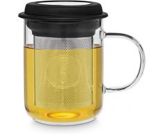 Buntfink „TeaMug“ Teeglas mit Edelstahl-Sieb und Deckel, die Teetasse besteht aus hitzebeständigen Borosilikat-Glas, der Filter kann aus der Tasse entfernt Werden (Tee) 400ml – (Schwarz)