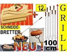 4 x Servierbretter Picknick Geschirr Grillbretter Picknick Geschirr natur + 12 x Grillspiesse, 100cm lang, Spiesse Gabel-Spieß + massive Schneidebretter Picknick Geschirr, 2 Holzbrett groß viereckig 42 x 22cm + 2 Fisch 35 x 16cm,