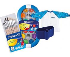 Pelikan Blue Space Farbkasten mit 12 Farben und 1 Deckweiß (im Set mit einem farblich passendem Special Limited Wasserbecher + großem Pinsel-Set + Schürze)