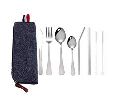 Reisebesteck Outdoor 8 Stück Campingbesteck aus Edelstahl mit Filztasche Besteckset Wiederverwendbare Camping Besteck Travel Set mit 2 Löffel, Messer, Gabel, 2 Strohhalm, 2 Reinigungsbürste, Silber