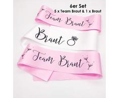 Great Stuff Schärpen 6er Set Braut - Team Braut rosa weiß mit Diamantring und Martiniglas für JGA Junggesellinnenabschied Hochzeit Deko Verkleidung
