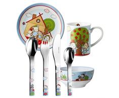 Puresigns ONE Ferme Kindergeschirr Bauernhof Porzellan Kinderbesteck Edelstahl Poliert Silber 7-teilig