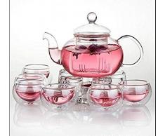 Infinitely Great Home Decor Center 600 ml hitzebeständiges, Elegantes Teekanne aus Glas mit Teekanne und Stövchen und 6 Teetassen - farblos
