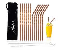 Huakai Wiederverwendbar Metall-Strohhalm Edelstahl Set - 12 Stylishe Kupfer-Trinkhalme, 2 Bürsten & Tragetasche - Nachhaltig Cocktail-Strohhalme für Longdrink-Gläser, Moscow Mule Becher (Rosegold)