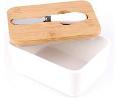 Lawei Butterdose aus Porzellan mit Bambusdeckel & Buttermesser für Butterstangen Butter Käse Kuchen - 16 x 12 x 7,5 cm