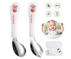 Kinder Besteck Set, HICOO Baby Löffel Gabel Baby Geschirrset Gebogener Griff Training Löffel Gabeln für Baby Kinder