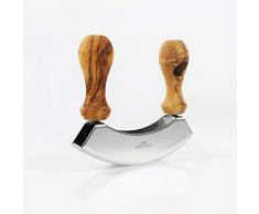 Wiegemesser mit Griffen aus Olivenholz, 2-schneidig, 2 Klingen, zum feinen Zerkleinern und Hacken, Handmade, Messer