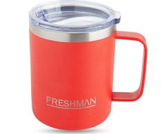 FRESHMAN aryo | Doppelwandiger Vakuumthermobecher | Isolierbecher | Kaffeebecher to go aus 18/8 Edelstahl mit Deckel und Griff Coffee to go Becher mit Henkel Kaffeetasse groß 350 ml XXL Thermotasse