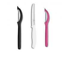 Victorinox 3-TLG. Universalschäler Set Bunt Weiß für Obst Gemüse, Extra scharf, Zackenschliff, Zweischneidig, Ergonomischer Griff