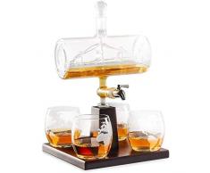 Weißwein-Dekanter, Scotch Whisky Dekanter, 1000ML Alkoholisches Getränk, Edelstahl-Wasserhahn Spender - 4 Geätzte Weltkarte Gläser Set,1