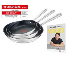 Tefal E011S3.VEG Special Edition Jamie Oliver Brushed Pfannenset, 3-teilig, bestehend aus 20 cm (E85602), 24 cm (E85604) und 28 cm (E85606), inkl. exklusivem Jamie Oliver Veggie Rezeptheft