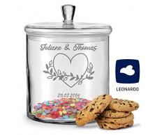 GRAVURZEILE Leonardo Keksglas mit Gravur - Keksdose Bonbonglas mit Deckel - Vorratsdose personalisiert mit Namen & Datum - Geschenk für Paare, zur Hochzeit als Geldgeschenk Farbe Herzenssache