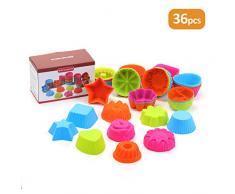 KATELUO Silikon Muffinförmchen, 36 Stücke Wiederverwendbare Backförmchen aus Silikon, Muffinformen Cupcake Förmchen (Herzförmig, Rose-artig und Stern etc,9 Formen)