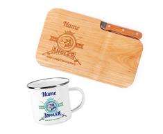 Herz & Heim® Frühstück Set für Angler mit Schneidebrettchen inklusive Messer und Emailletasse - perfekt für ein Outdoor Frühstück beim Angeln