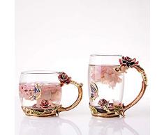 Do4U 2 Stück Emaille Blume Tee Kaffeetasse Tasse für Liebhaber, Paar, Schwester, Mutter, Hochzeitsgeschenk, Perfekt für Espresso, Wasser, Saft, Tee, heiße Getränke, Latte, Milch (Red Rose Set)