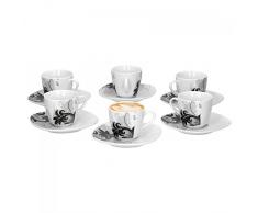 Van Well 12-TLG. Espressotassen-Set Black Flower: 6 kleine Porzellan-Tassen, 80 ml + 6 Untertassen | edles Geschirr | modernes Dekor | Gastronomie