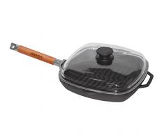 BIOL Grillpfanne aus Gusseisen-Pfanne 28 cm abnehmbarer Griff mit Glas Deckel Induktion