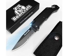 BearCraft Klappmesser mit **GRATIS eBook** | Outdoor Survival Taschenmesser mit Wellenschliff | Rettungsmesser mit Mini-LED Taschenlampe Feuerstein Glasbrecher und Gurtschneider