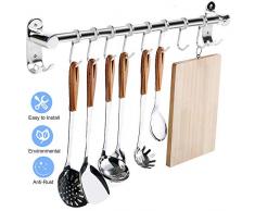 Wimaha Küchenreling Küchenutensilienhalter SUS304 Edelstahl Hängeleiste Pfannehalter Tassenhalter mit 8 Haken für Küchenhelfer Kochzubehör Küchenutensilien ca. 20kg belastbar