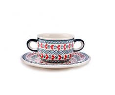 Original Bunzlauer Keramik Suppentasse mit Untertasse (Bouillonschüssel), 0,26 Liter im Dekor 1138