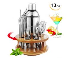 Unizooke Cocktail Shakers Set 13 Teilig Mit Cocktail Rezept, 360 Grad Drehbarer Bambus Basis, Professionell Cocktail Zubehör Set, 750 ML Cocktailshaker für Zuhause, Küche, Bar