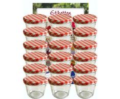 hocz Vorratsgläser-Sturzgläser Set | Menge 25 Stück | Füllmenge 230 ml | inkl. Schraubdeckel Deckelfarbe Rot Karriert 25 Etiketten NZ zum beschriften | Allrounder für Marmeladengläser