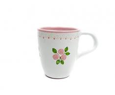 UNGARNIKAT Keramik Milchkaffeebecher/Kaffeebecher mit handbemalten rosafarbenen kleinen Rosen und mit Spitzendekor am Rand