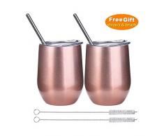 ONMIER 2er-Pack Weinbecher mit Deckel, 12 oz doppelwandiges, vakuumisoliertes Edelstahl-Weinglas ohne Stiel, Reisekaffeetasse mit Strohhalmpinsel für Wein, Getränke, Champagner, Cocktails (Rose Gold)