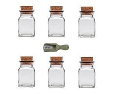 Viva Haushaltswaren - 6 x Gewürzglas eckig 150 ml, Glasdose mit Korkverschluss als Gewürzdose & Vorratsdose für Gewürze, Salz etc. verwendbar (inkl. kleiner Holzschaufel 7,5 cm)
