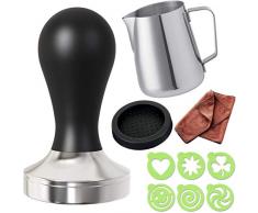 Practimondo 51mm Espresso Tamper Set inkl. Tampermatte und Milchkännchen (350ml) - Der Deluxe Kaffeemehlpresser für Siebträger Kaffeemaschine - Premium Barista Edelstahl Kaffeedrücker Espresso-Stempel