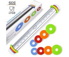 WisFox Antihaft-Fondant-Nudelhölzer mit 4 verstellbaren Scheiben Ring und Messmarkierung, Edelstahl Nudelholz für Backteig-Pizza-Pie-Kekse und Gebäckplätzchen oder französischer Art