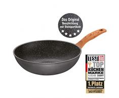 STONELINE® Back to Nature Wok 30 cm, Made in Germany, mit Griff in Holzoptik, auch für öl- und fettfreies Braten, Kratzfeste Antihaftbeschichtung mit echten Steinpartikeln, Induktionswok