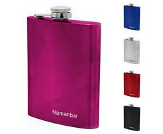 Flachmann mit Namens Gravur, Edelstahl, individuelle Geschenkidee zur Hochzeit, zum Geburtstag oder mehr! (Pink)